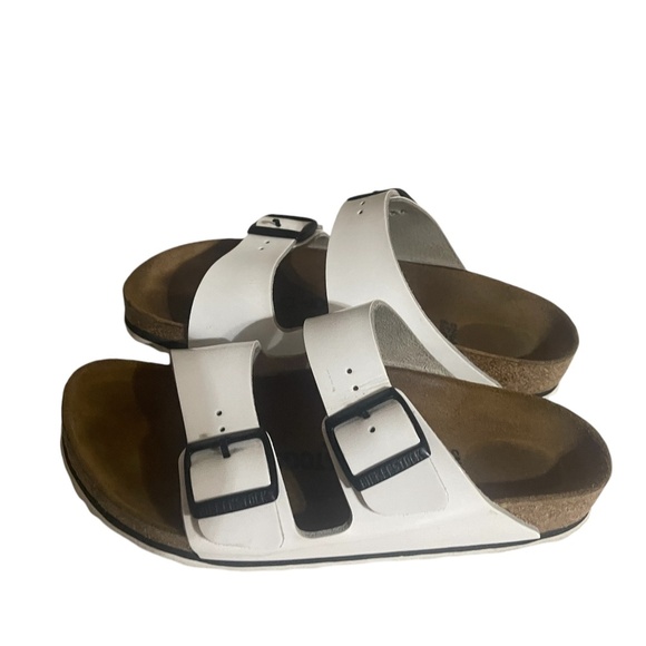Birkenstock Sandals Womens 38 Arizona Buckle Straps Flats White Leather Slip On - Picture 1 of 14